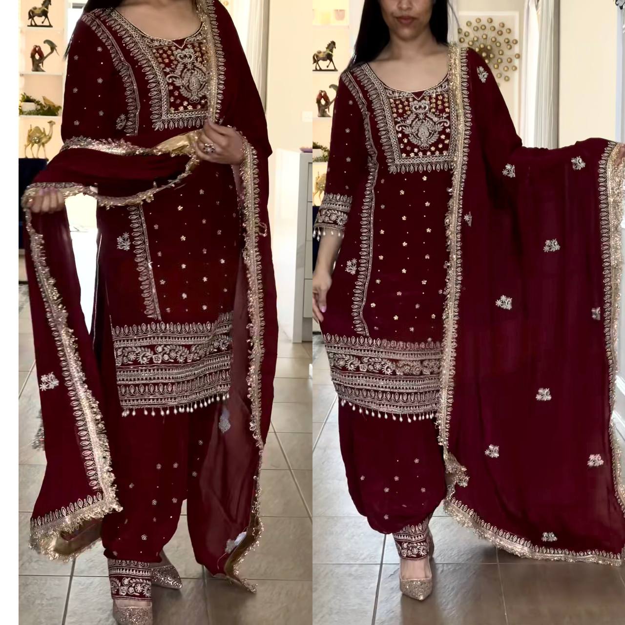 Deep Crimson Pearl-Trimmed Suit